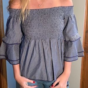 Blue and White Stripe Off the Shoulder Long Sleeve